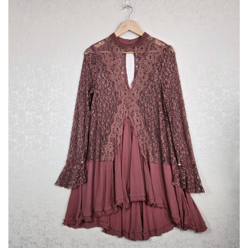 Free People Tell Tale Lace Tunic Dress M Rosy Coral Ethereal Fairycore Boho - Picture 16 of 16